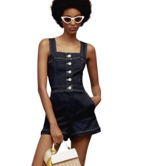 Anthropologie Maeve The Portside Button-Front Romper, Nautical, Stretch, Blue, 6 - Picture 2 of 11